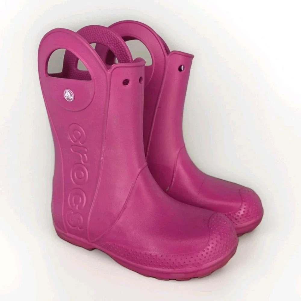 Crocs Kids Handle It Rain Boots Pink Crush J3 Easy On Off Large Handles